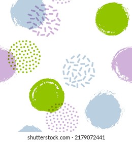 Los círculos de puntos de la Polka giran en torno a un patrón de impresión textil sin fisuras. Fondo vectorial geométrico con formas redondeadas dibujadas a mano. Papel mural de color de garunge polka dot, un símbolo de colores sin fisuras y de moda. Se imprimen burbujas planas.
