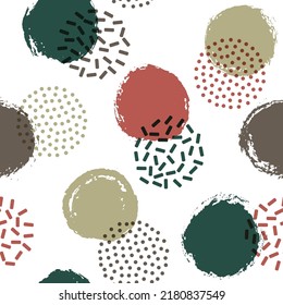 Polka dot circles seamless textile print pattern. Hand drawn and halftone round shapes vector background. Grunge polka dot seamless ornament, trendy circles wallpaper. Retro design.