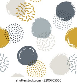 Polka dot circles seamless textile print pattern. Painted round shapes geometric vector background. Grunge polka dot seamless ornament, minimal circles wallpaper. 80s style points and bubbles.