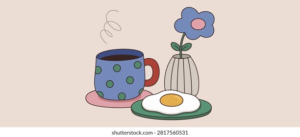 Polka Dot Coffee Mug, Fried Egg, and Flower in Vase, Breakfast Illustration