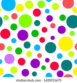 Polka dot colorful seamless pattern. Random different colors circles chaotic of different size. Vector abstract dotted background texture. Fabric, wallpaper, print, textile, wrapping design. Vector