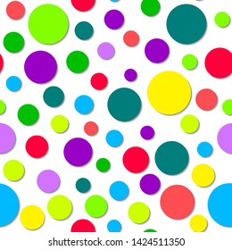 Polka dot colorful seamless pattern. Random different colors circles with shadows chaotic of different size.  