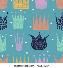 Polka dot with crown. Vector seamless pattern.