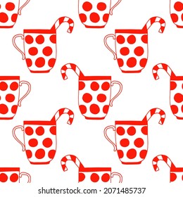 polka dot cup and candy cane seamless pattern hand drawn doodle. vector, minimalism. wrapping paper, textiles, background, hot drink, cocoa, coffee, tea, sticker, icon menu print