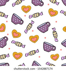 Polka dot Cup with candy seamless pattern on white background.
