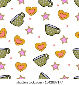Polka dot Cup with candy seamless pattern on white background.