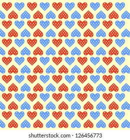 Polka Dot Design background with blue and red hearts