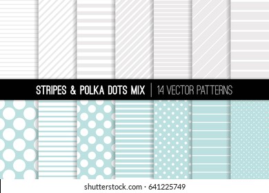 Polka Dot and Diagonal and Horizontal Stripes Vector Patterns in Aqua Blue, White and Silver Grey. Neutral Backgrounds. Tiny and Jumbo Polka Spots and Various Thickness Lines. Tile Swatches Included.