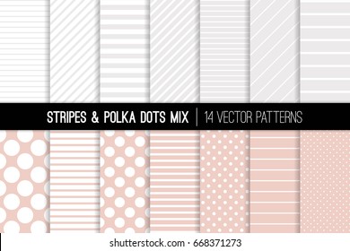 Patrones vectoriales de puntos de Polka y rayas diagonales y horizontales en gris rosa, blanco y plateado. Fondos neutrales. Pequeños y gigantes puntos de polka y diversas líneas de espesor. Relojes De Mosaico Incluidos.