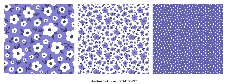 Polka Dot and Ditsy Floral vector seamless pattern set.Tiny Wildflowers, scattered Meadow Flowers. Very Peri Violet Millefleur background. Vintage Liberty design for fashion, nursery, print, textile