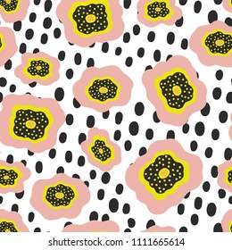 Polka Dot Doodle Flower Seamless Flower Background, Retro Style Floral Illustration for Summer Fashion Prints, Scrapbooking, Home Decor & Pretty Web Stationery, Vector Surface Pattern Design 