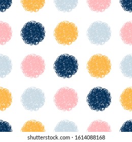 Polka dot doodle geometric vector seamless pattern. Textile fabric polka dot print, geometric background pattern with fluffy circles. Classic pattern seamless design