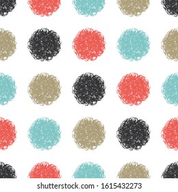 Polka dot doodle geometric vector seamless pattern. Textile fabric polka dot print, geometric background pattern with fluffy circles. Classic pattern seamless design