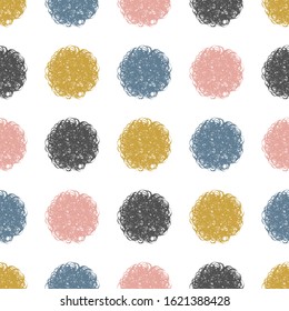 Polka dot doodle geometric vector seamless pattern. Textile fabric polka dot print, geometric background pattern with fluffy circles. Classic pattern seamless design