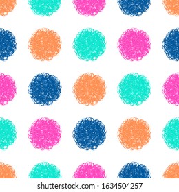 Polka dot doodle geometric vector seamless pattern. Textile fabric polka dot print, geometric background pattern with fluffy circles. Classic pattern seamless design i blue magenta turquoise brown