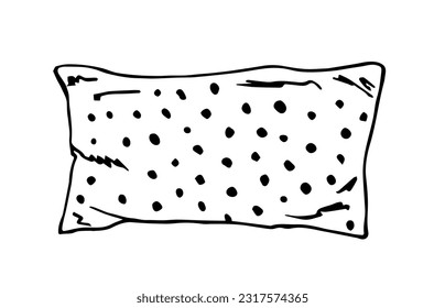 Polka dot feather pillow. Sleep accessories. Bedroom. Simple ink sketch. Vector black outline drawing.