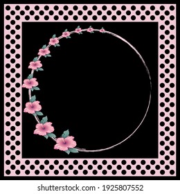 Polka dot, flower pattern on black background. Vector design patch for print, textile, scarf design. EPS10 Illustration.