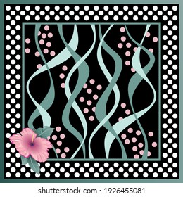 Polka dot, flower pattern on wavy background. Vector design patch for print, textile, scarf design. EPS10 Illustration.