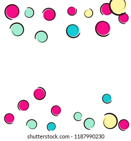 Polka dot frame with comic pop art confetti. Big colored spots, spirals and circles on white. Vector illustration. Plastic childish splash for birthday party. Rainbow polka dot frame.