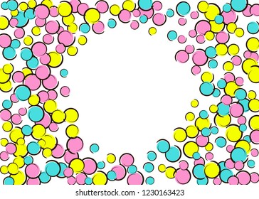 Polka dot frame with comic pop art confetti. Big colored spots, spirals and circles on white. Vector illustration. Stylish kids splatter for birthday party. Rainbow polka dot frame.