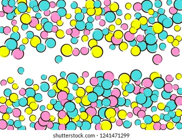 Polka dot frame with comic pop art confetti. Big colored spots, spirals and circles on white. Vector illustration. Vibrant kids splatter for birthday party. Rainbow polka dot frame.