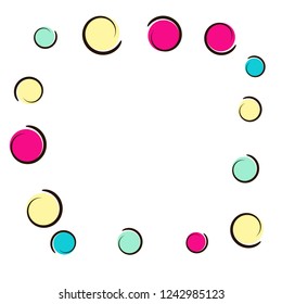 Polka dot frame with comic pop art confetti. Big colored spots, spirals and circles on white. Vector illustration. Hipster childish splash for birthday party. Rainbow polka dot frame.