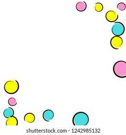 Polka dot frame with comic pop art confetti. Big colored spots, spirals and circles on white. Vector illustration. Stylish childish splash for birthday party. Rainbow polka dot frame.