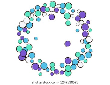 Polka dot frame with comic pop art confetti. Big colored spots, spirals and circles on white. Vector illustration. Stylish childish splash for birthday party. Rainbow polka dot frame.