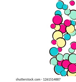 Polka dot frame with comic pop art confetti. Big colored spots, spirals and circles on white. Vector illustration. Rainbow kids splatter for birthday party. Rainbow polka dot frame.
