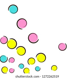 Polka dot frame with comic pop art confetti. Big colored spots, spirals and circles on white. Vector illustration. Plastic kids splatter for birthday party. Rainbow polka dot frame.