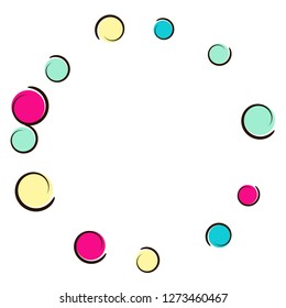 Polka dot frame with comic pop art confetti. Big colored spots, spirals and circles on white. Vector illustration. Retro kids splatter for birthday party. Rainbow polka dot frame.