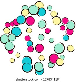 Polka dot frame with comic pop art confetti. Big colored spots, spirals and circles on white. Vector illustration. Multicolor childish splash for birthday party. Rainbow polka dot frame.