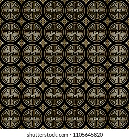 Polka dot golden seamless pattern. Abstract geometric repeat background. Asian luxury traditional backdrop, chinese wallpaper, black and gold textile print.