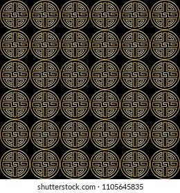 Polka dot golden seamless pattern. Abstract geometric repeat background. Asian luxury traditional backdrop, chinese wallpaper, black and gold textile print.