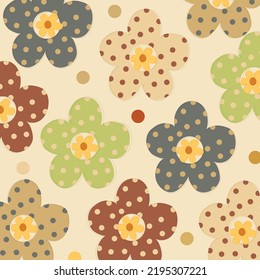 Polka Dot Groovy Retro Flowers Vector Pattern. Organic Abstract Daisy And Camomile Flower Vintage Elements Pattern. 70s, 80s, 90s Styled Polka Dot Background. Pink, Green, Wood, Chocolate Flowers