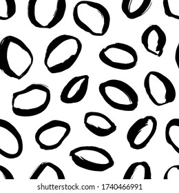 Polka dot grunge seamless vector pattern. Brush strokes circles and rounded outline forms. Hand drawn abstract ink background. Smears, circles, dots, splotches, blobs. Abstract wallpaper design