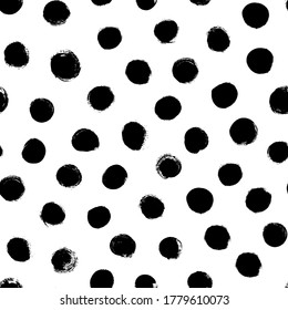Polka dot grunge seamless vector pattern. Brush strokes circles and rounded shapes. Hand drawn abstract ink background. Smears, circles, dots, splotches, blobs. Abstract wallpaper design, textile