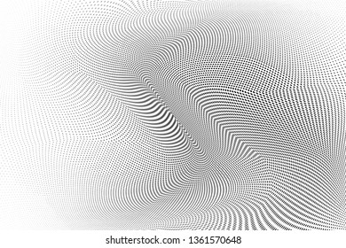 Polka dot half tone pattern. Gradient dots background. Modern spotted vector  illustration. Abstract wave curves. Points backdrop. Dotted geometric pattern. Monochrome wavy grungy template