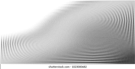 Polka dot halftone pattern. Gradient dots background. Modern vector illustration. Abstract curves. Points backdrop. Dotted spotted pattern. Monochrome wide grunge template