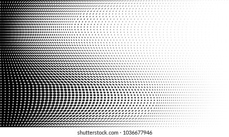 Polka dot halftone pattern. Gradient dots background. Modern vector illustration. Abstract curves. Points backdrop. Dotted spotted pattern. Monochrome wide grunge template
