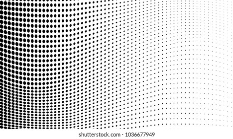 Polka dot halftone pattern. Gradient dots background. Modern vector illustration. Abstract curves. Points backdrop. Dotted spotted pattern. Monochrome wide grunge template