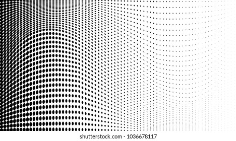 Polka dot halftone pattern. Gradient dots background. Modern vector illustration. Abstract curves. Points backdrop. Dotted spotted pattern. Monochrome wide grunge template