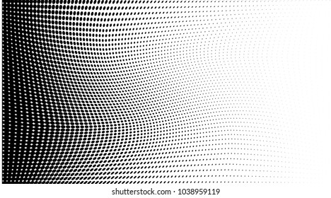 Polka dot halftone pattern. Gradient dots background. Modern vector illustration. Abstract curves. Points backdrop. Black pixels. Dotted spotted pattern. Monochrome wide template