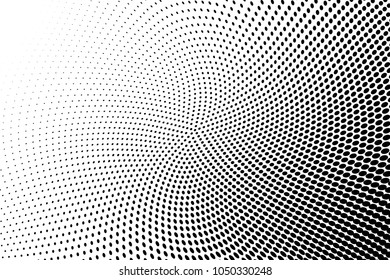 Polka dot halftone pattern. Gradient dots background. Modern vector illustration. Abstract curves. Points backdrop. Dotted spotted pattern. Monochrome grunge template