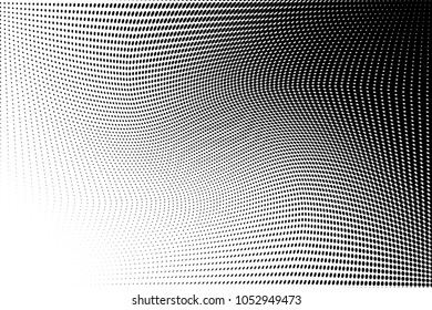 Polka dot halftone pattern. Gradient dots background. Modern vector illustration. Abstract curves. Points backdrop. Dotted spotted pattern. Monochrome  grunge template