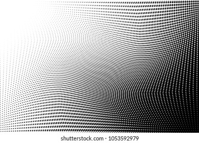 Polka dot halftone pattern. Gradient dots background. Modern vector illustration. Abstract curves. Points backdrop. Dotted spotted pattern. Monochrome  grunge template