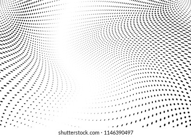Polka dot halftone pattern. Gradient dots background. Modern vector illustration. Abstract wave curves. Points backdrop. Dotted spotted pattern. Monochrome wavy grunge template