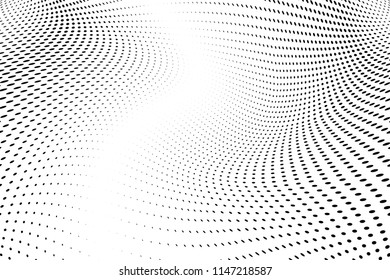 Polka dot halftone pattern. Gradient dots background. Modern vector illustration. Abstract wave curves. Points backdrop. Dotted spotted pattern. Monochrome wavy grunge template