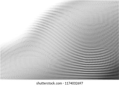 Polka dot halftone pattern. Gradient dots background. Modern vector illustration. Abstract wave curves. Points backdrop. Dotted spotted pattern. Monochrome wavy grunge template