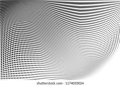 Polka dot halftone pattern. Gradient dots background. Modern vector illustration. Abstract wave curves. Points backdrop. Dotted spotted pattern. Monochrome wavy grunge template